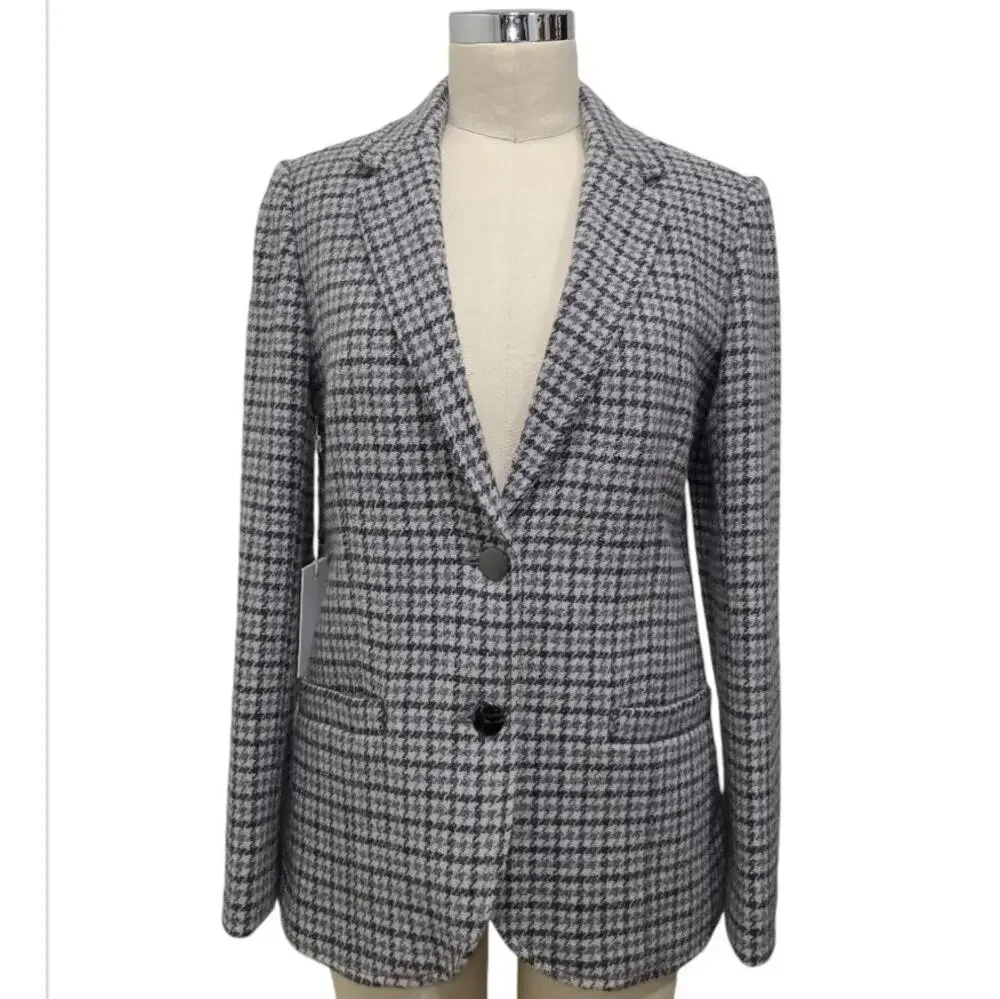 NWT Aritzia Wilfred Darmon Wool Blazer 6 Gray Houndstooth Plaid Fall Workwear